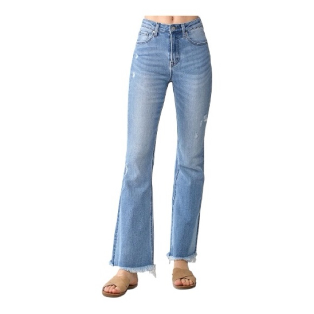 Risen Women’s Stretch Raw Distressed Hem High Rise Medium Wash Jeans 29